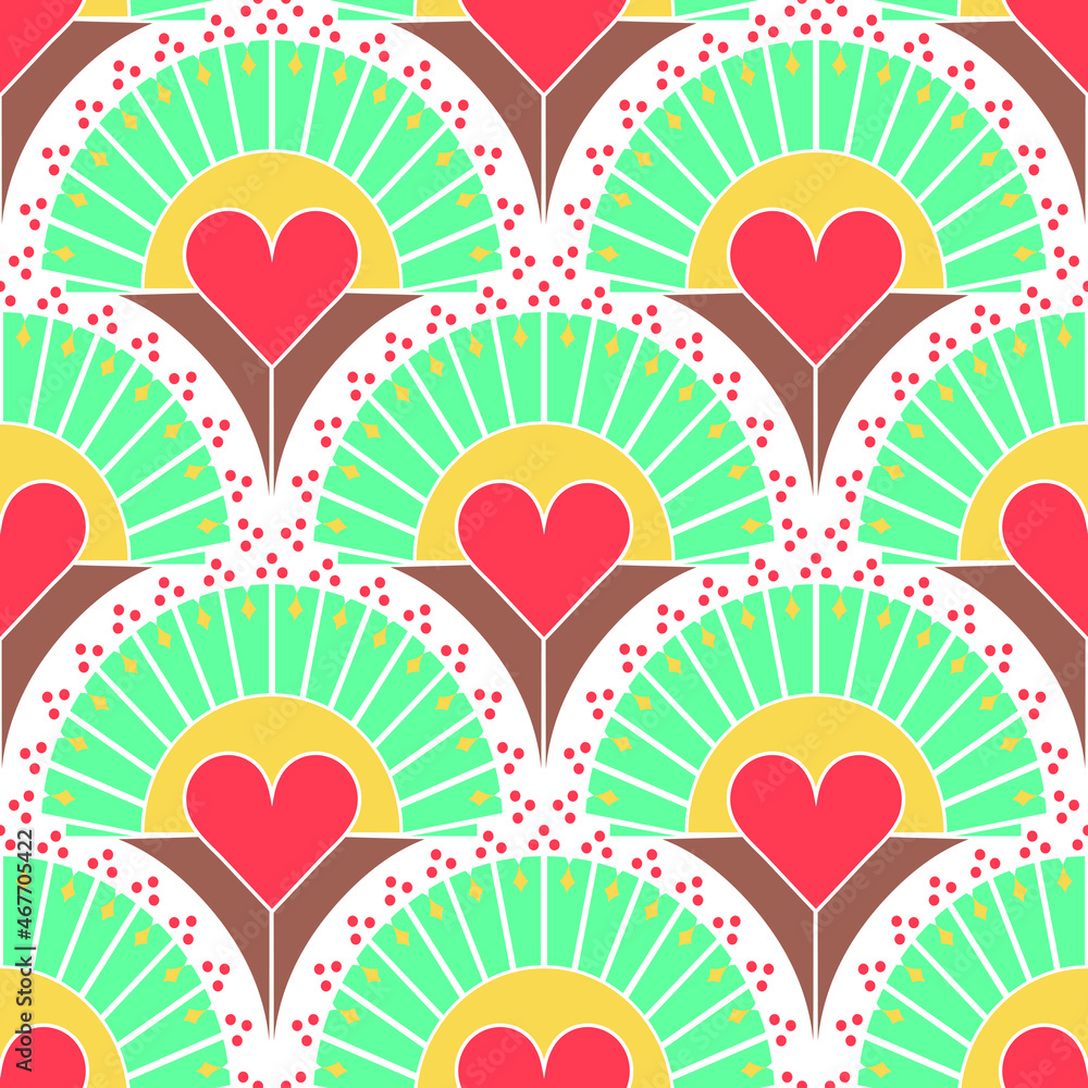 Seamless vector pattern with retro love hearts on white background. Simple vintage Valentines day wallpaper design. Decorative fan fashion textile.