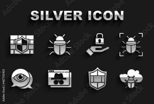 Set Browser incognito window, System bug, on a cloud, Shield with brick wall, Eye scan, Lock hand, and icon. Vector