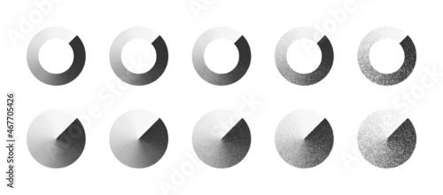 Stippled Circle Clockwise Gradient Hand Drawn Dotwork Vector Abstract Shapes Set In Different Variations Isolated On White Background. Various Degree Black Noise Dotted Radial Elements Collection