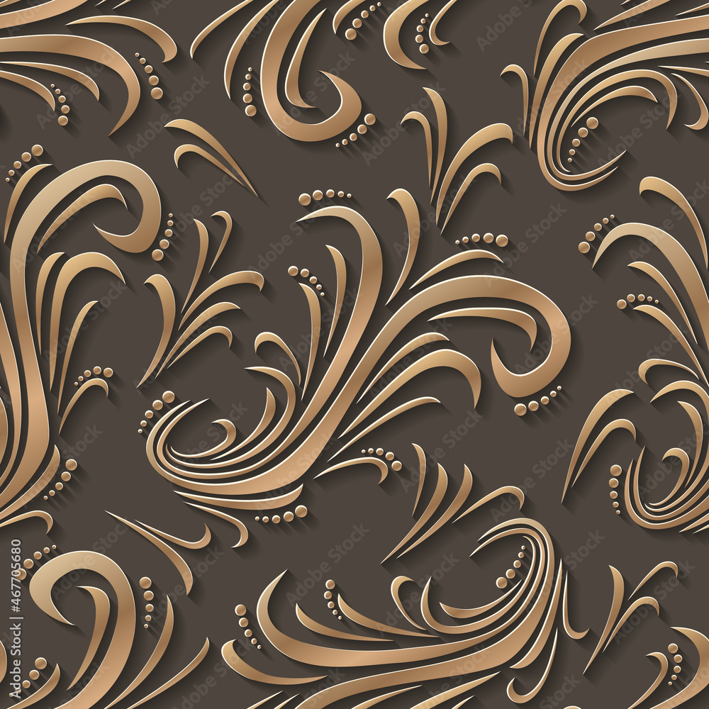 Gold floral 3d background. Seamless pattern for decoration. Ornate pattern with flowers. Vector illustration