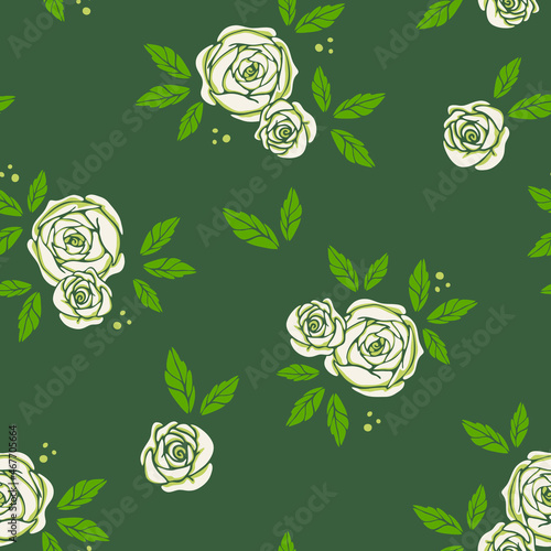 Seamless vector pattern wth roses on geen background. Simple vintage floral wallpaper design. Decorative flower bloom fashion textile.