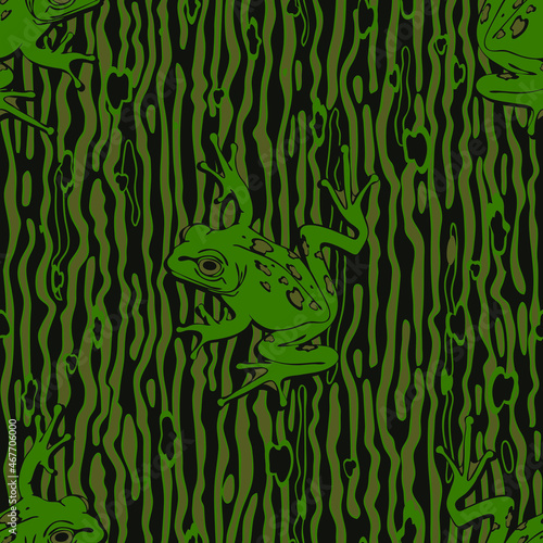Seamless vector pattern with tree frog on green background. Camouflage animal wallpaper design. Decorative toad texture fashion textile.