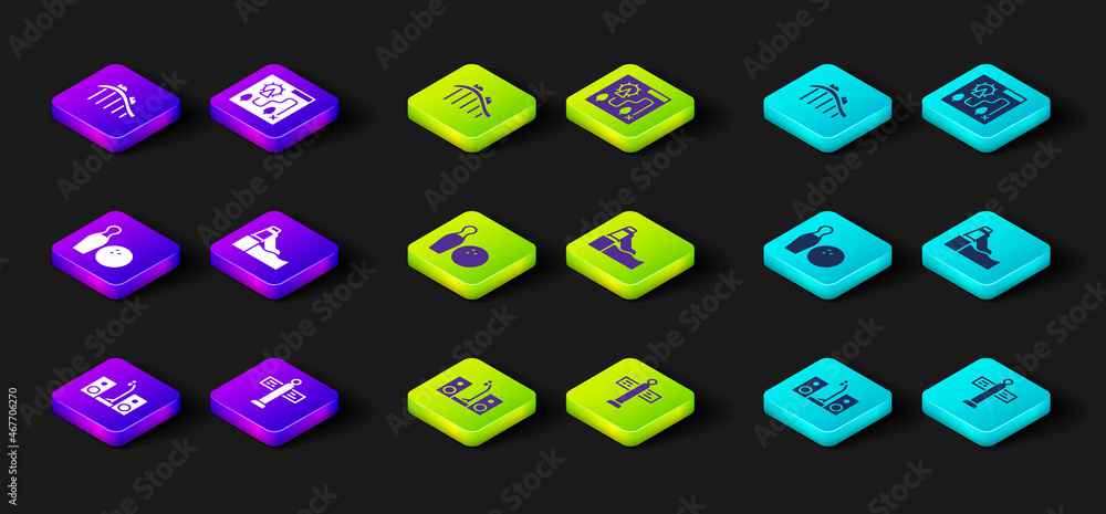 Set Home stereo with two speakers, Road traffic signpost, Bowling pin and ball, Water slide, Amusement park map and Roller coaster icon. Vector Set Home stereo with two speakers, Road traffic signpost, Bowling pin and ball, Water slide, Amusement park map and Roller coaster icon. Vector