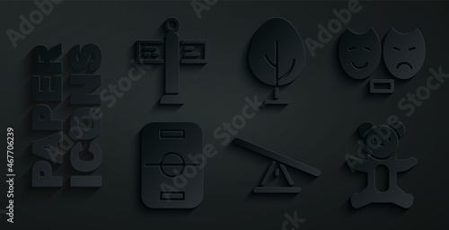 Set Seesaw, Comedy and tragedy masks, Hockey table, Teddy bear plush toy, Tree and Road traffic signpost icon. Vector