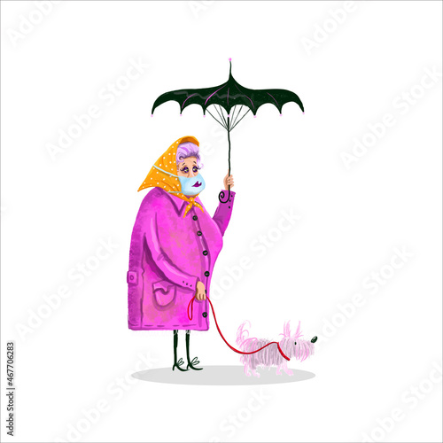 Hand drawn illustration of an elderly man and her dog traveling during lockdown for books, posters and stickers