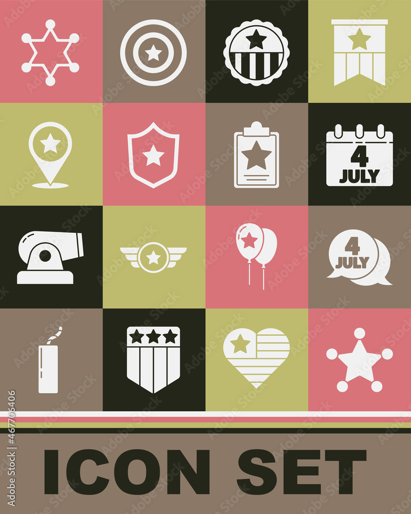 Set Hexagram sheriff, USA Independence day, Calendar with date July 4, Medal star, Police badge, and icon. Vector Set Hexagram sheriff, USA Independence day, Calendar with date July 4, Medal star, Police badge, and icon. Vector