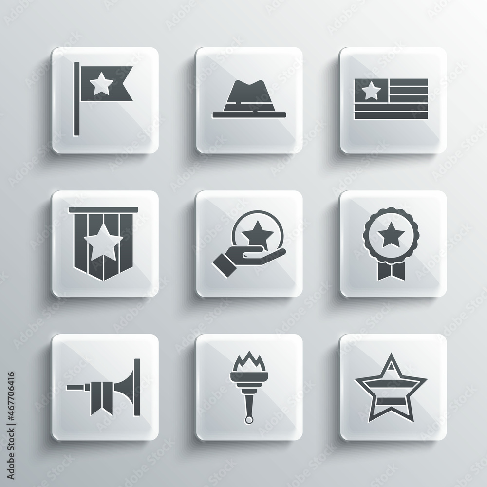 Set Torch flame, USA Independence day, Medal with star, Trumpet, American flag, and icon. Vector Set Torch flame, USA Independence day, Medal with star, Trumpet, American flag, and icon. Vector