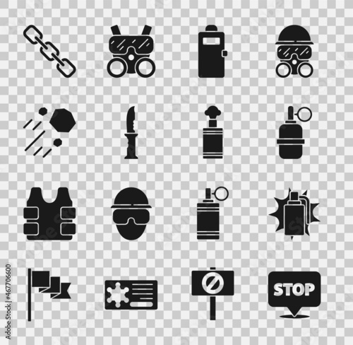 Set Protest, Hand grenade, Police assault shield, Military knife, Flying stone, Chain link and icon. Vector