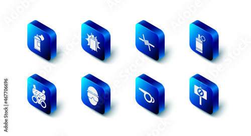 Set Hand grenade, Barbed wire, Protest, Whistle, Special forces soldier, Gas mask and Paint spray can icon. Vector