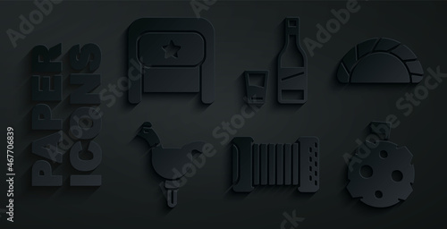 Set Accordion, Dumpling, Cockerel lollipop, Moon with flag, Bottle of vodka glass and Ushanka icon. Vector
