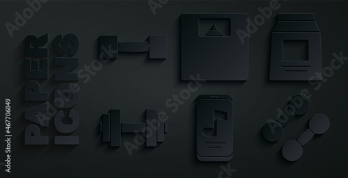 Set Music player, Sports nutrition, Dumbbell, Bathroom scales and icon. Vector