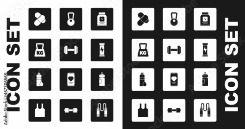 Set Sports nutrition, Dumbbell, Weight, Kettlebell, Fitness shaker and icon. Vector