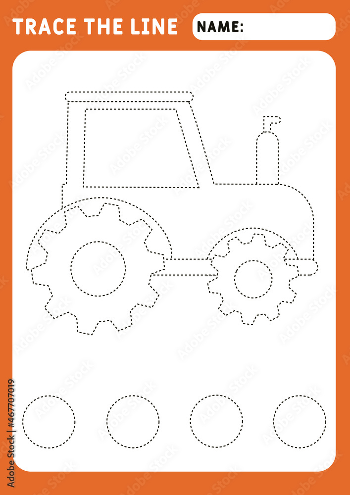 little tractor. Preschool worksheet for practicing fine motor skills - tracing dashed lines. Tracing Worksheet. Illustration and vector outline - A4 paper ready to print.