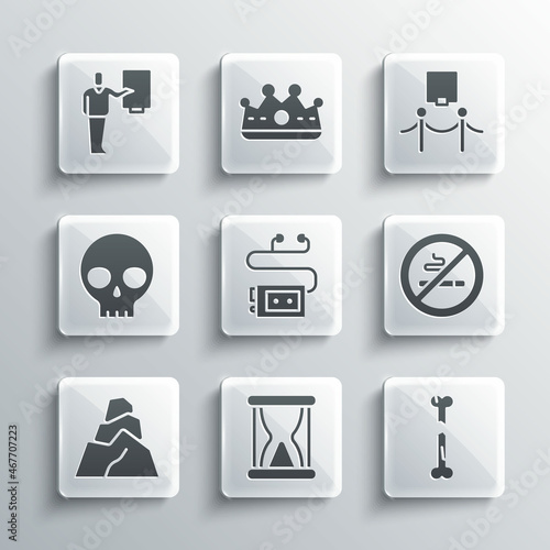 Set Old hourglass with sand, Human broken bone, No Smoking, Museum audio guide, Rock stones, skull, and Picture rope barrier icon. Vector