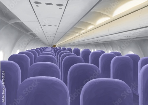 Aircraft cabin, a digital painting of interior of airplane and passenger economy seat with nobody traveler raster 3D illustration anime background.