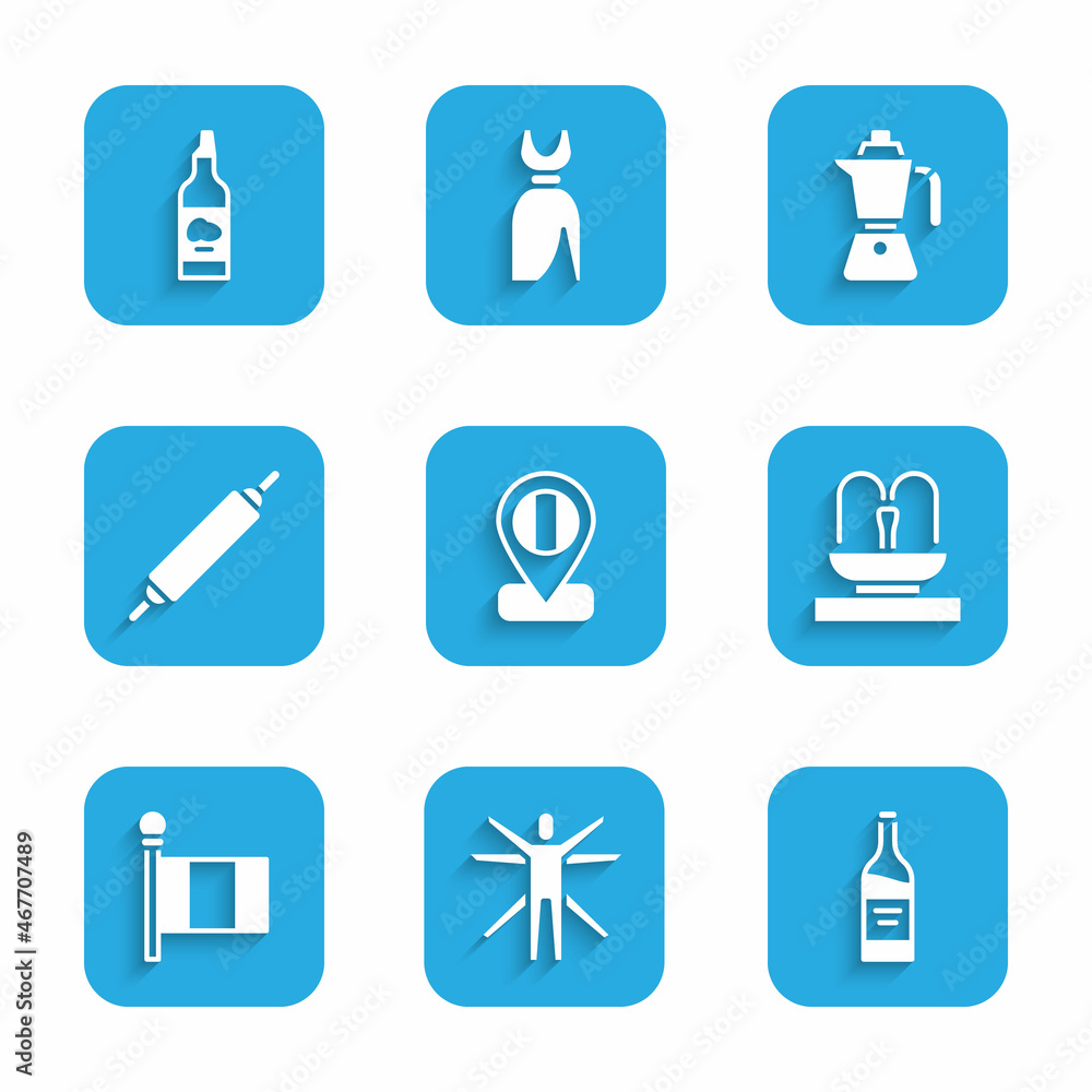 Set Location flag Italy, Vitruvian Man, Bottle of wine, Fountain, Flag, Rolling pin, Coffee moca pot and olive oil icon. Vector Set Location flag Italy, Vitruvian Man, Bottle of wine, Fountain, Flag, Rolling pin, Coffee moca pot and olive oil icon. Vector