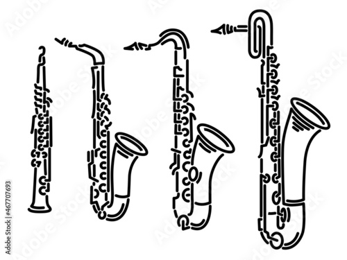 Set of simple images different types of saxophones (soprano, alto, tenor, baritone) drawn by lines. photo