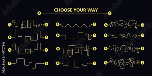 Set of difficult and easy simple way process from start to end. Vector card illustration with path to success outline art concept. The road from point a to point b. Right and wrong way with messy line