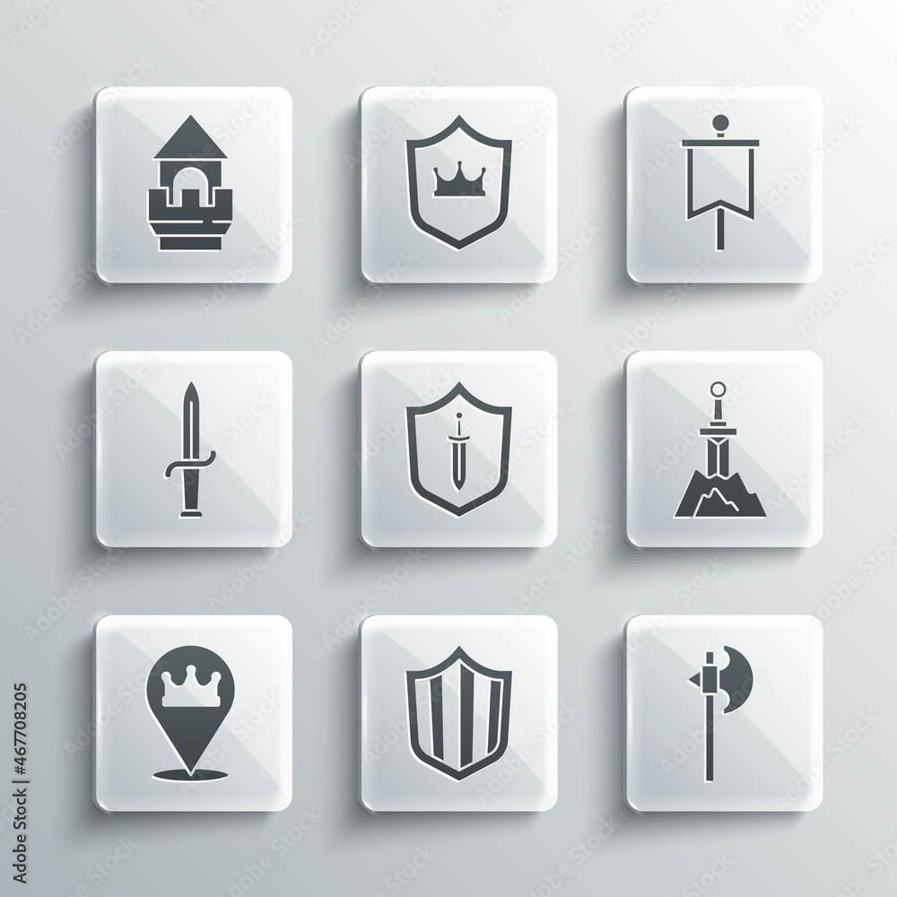 Set Shield, Medieval axe, Sword in the stone, shield with sword, Location king crown, Dagger, Castle tower and flag icon. Vector Set Shield, Medieval axe, Sword in the stone, shield with sword, Location king crown, Dagger, Castle tower and flag icon. Vector