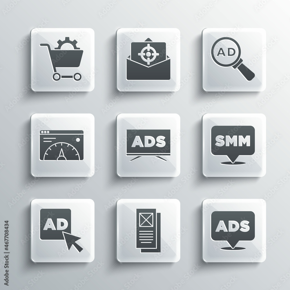 Set Browser window, Advertising, Social media marketing, Website statistic, Shopping cart and icon. Vector Set Browser window, Advertising, Social media marketing, Website statistic, Shopping cart and icon. Vector
