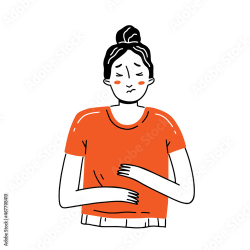 The young girl has a stomach ache. Woman character in simple stylized cartoon doodle style. Vector illustration.