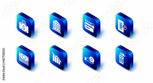 Free Download Set Bank building, Credit card with lock, Inserting coin, Cash register machine, Hand giving money, Financial growth decrease, Stacks paper cash and Briefcase icon. Vector - GFXLoad