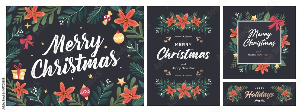 Naklejka Set of Christmas and Happy New Year Floral Card templates. Trendy retro style. Vector design element.