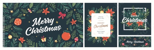 Set of Christmas and Happy New Year Floral Card templates. Trendy retro style. Vector design element.