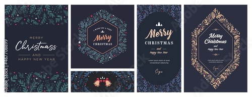 Set of Christmas and Happy New Year Floral Card templates. Trendy retro style. Vector design element.