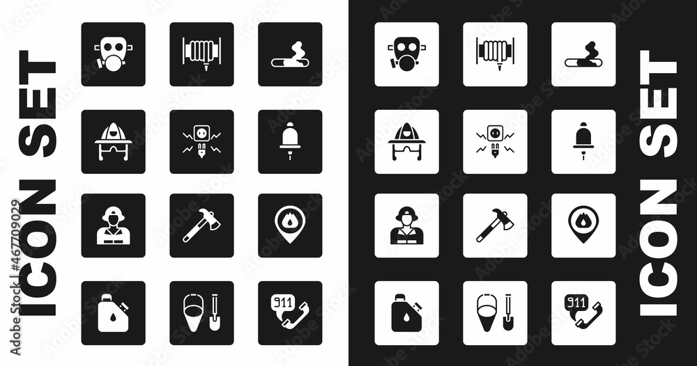 Set Cigarette, Electricity spark, Firefighter helmet, Gas mask, Ringing alarm bell, hose reel, Location with fire flame and icon. Vector Set Cigarette, Electricity spark, Firefighter helmet, Gas mask, Ringing alarm bell, hose reel, Location with fire flame and icon. Vector