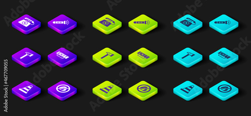 Set Traffic cone, No fire, Firefighter axe, exit, Flashlight and Telephone call 911 icon. Vector