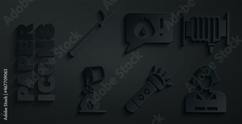 Set Flashlight, Fire hose reel, Bucket extinguishing fire, Firefighter, Telephone call 911 and Metal pike pole icon. Vector