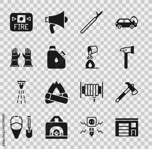 Set Building of fire station, Firefighter axe, Metal pike pole, Canister fuel, gloves, alarm system and Bucket extinguishing icon. Vector