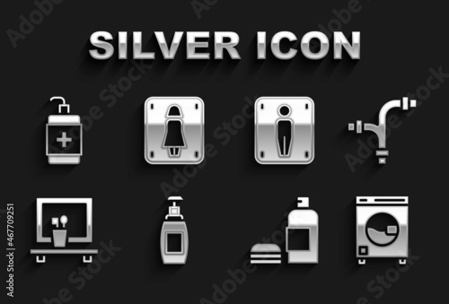 Set Bottle of liquid soap, Industry metallic pipe, Washer, shampoo, Washbasin mirror, Male toilet, Hand sanitizer bottle and Female icon. Vector