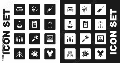 Set Syringe, Clinical record, Test tube and flask, Electronic scales, Genetically modified food, 3D printing technology and Reagent bottle icon. Vector