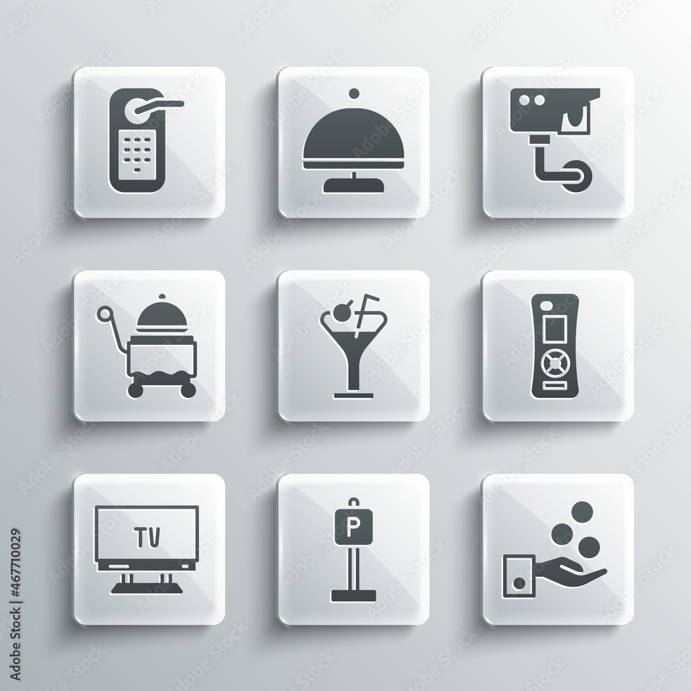 Set Parking, Paying tips, Remote control, Martini glass, Smart Tv, Covered with tray, Digital door lock and Security camera icon. Vector Set Parking, Paying tips, Remote control, Martini glass, Smart Tv, Covered with tray, Digital door lock and Security camera icon. Vector