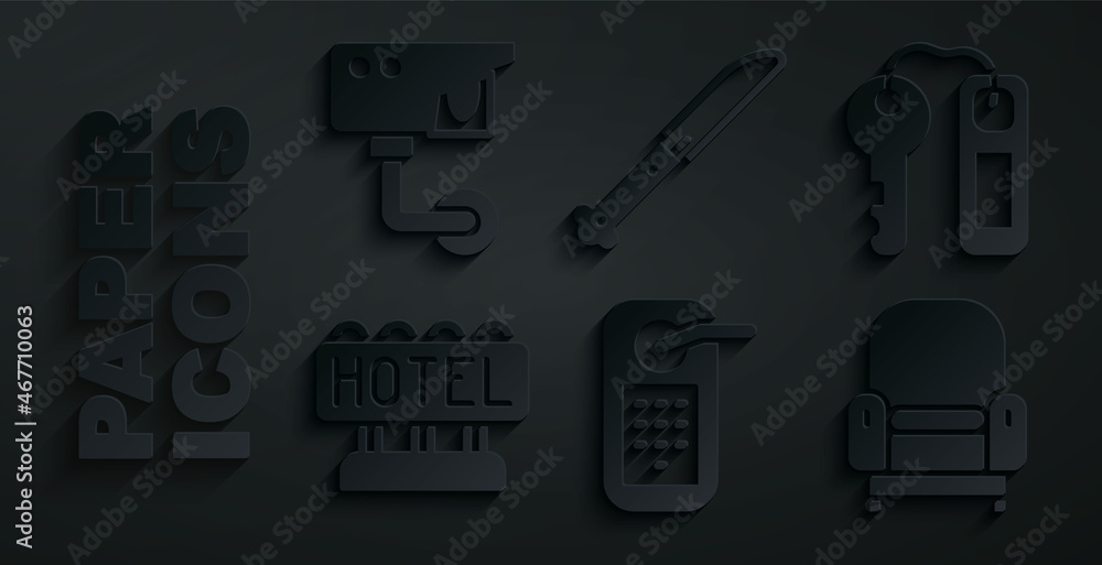 Set Digital door lock, Hotel key, Signboard with text, Armchair, Knife and Security camera icon. Vector
