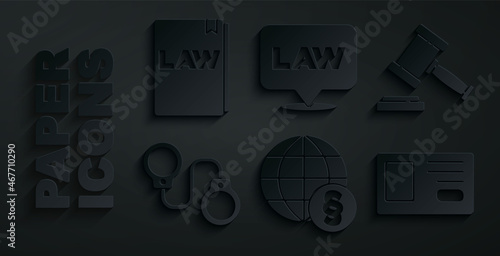 Set International law, Judge gavel, Handcuffs, Identification badge, Location and Law book icon. Vector photo