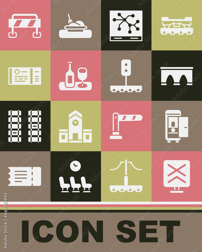 Set Railroad crossing, Toilet the train car, Bridge for, Railway map, Wine bottle with glass, Train ticket, Road barrier and traffic light icon. Vector Set Railroad crossing, Toilet the train car, Bridge for, Railway map, Wine bottle with glass, Train ticket, Road barrier and traffic light icon. Vector