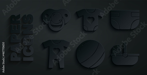 Set Beach ball, Baby absorbent diaper, clothes, stroller, and dummy pacifier icon. Vector