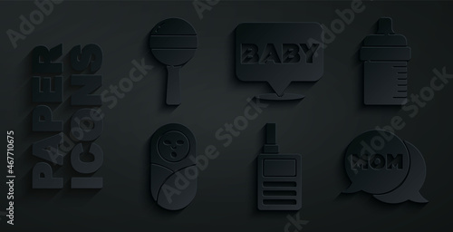 Set Baby Monitor Walkie Talkie, bottle, Newborn baby infant swaddled, Speech bubble mom, and Rattle toy icon. Vector