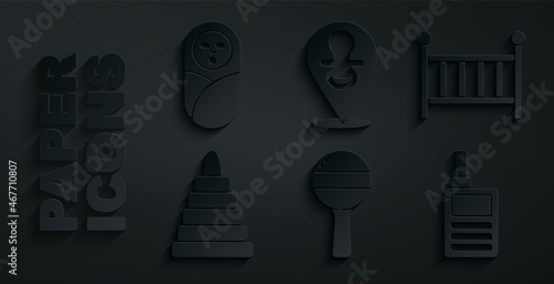 Set Rattle baby toy, Baby crib cradle, Pyramid, Monitor Walkie Talkie, dummy pacifier and Newborn infant swaddled icon. Vector