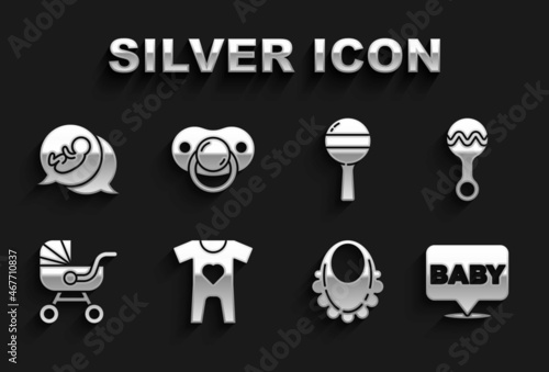 Set Baby clothes, Rattle baby toy, bib, stroller, and dummy pacifier icon. Vector