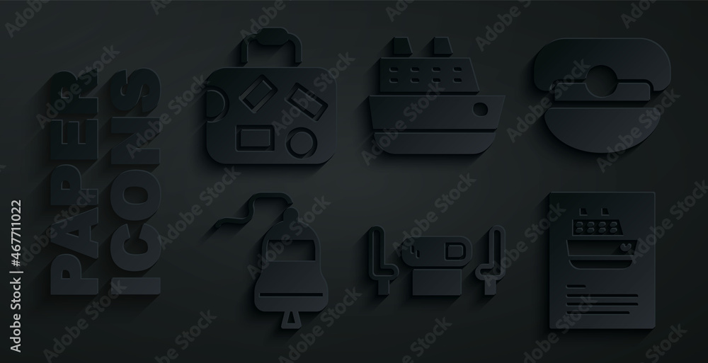 Set Poker table, Captain hat, Ship bell, Cruise ship, and Suitcase icon. Vector Set Poker table, Captain hat, Ship bell, Cruise ship, and Suitcase icon. Vector