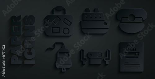 Set Poker table, Captain hat, Ship bell, Cruise ship, and Suitcase icon. Vector