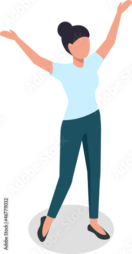 Character female with raised hands isolated on white. Vector person woman illustration, happy young cheerful girl