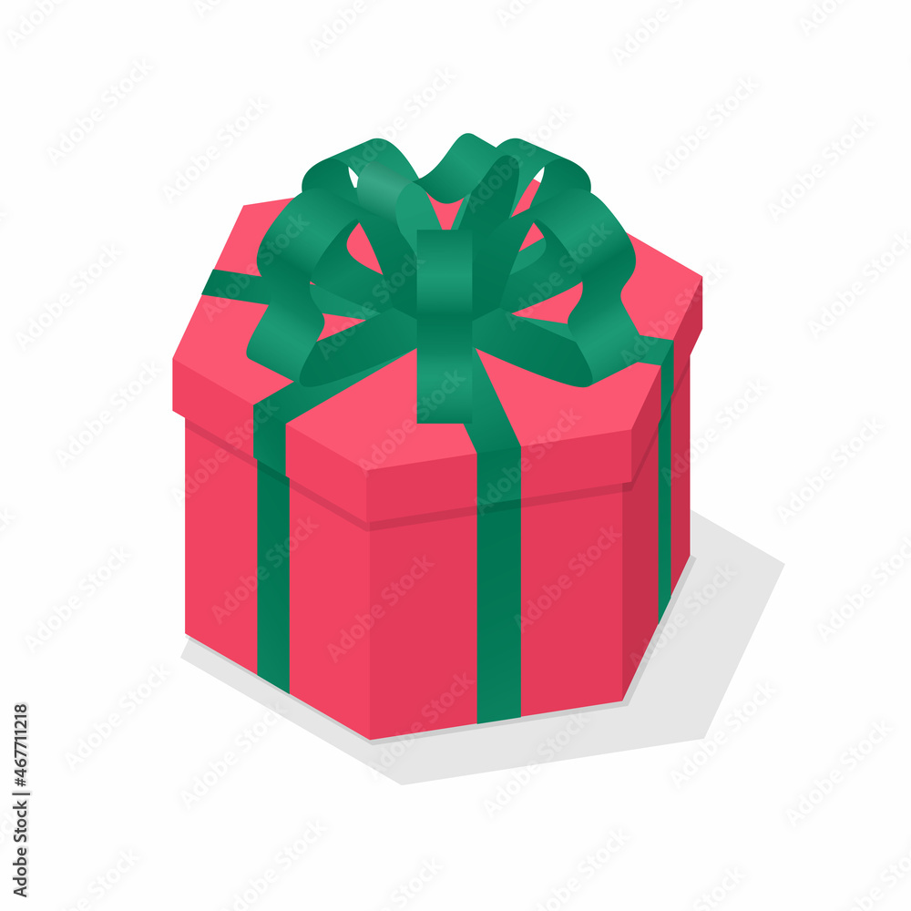 Hexagon shape 2d isometric gift box. Red wrapping package holiday present  box with green color ribbon bow isolated on white background. Isometric  vector decorative design element. Stock Vector | Adobe Stock