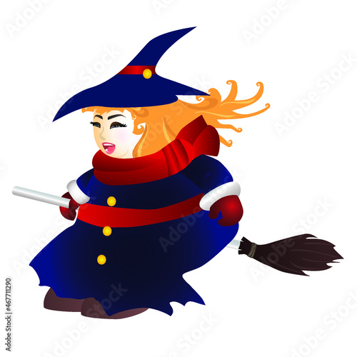A cute smiling chubby witch with blue dress is flying with a broom on white background.