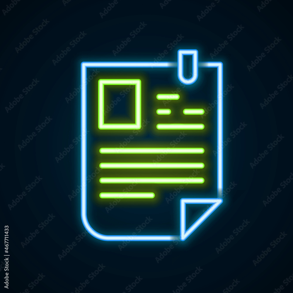 Glowing neon line Resume icon isolated on black background. CV application. Searching professional staff. Analyzing personnel resume. Colorful outline concept. Vector Glowing neon line Resume icon isolated on black background. CV application. Searching professional staff. Analyzing personnel resume. Colorful outline concept. Vector