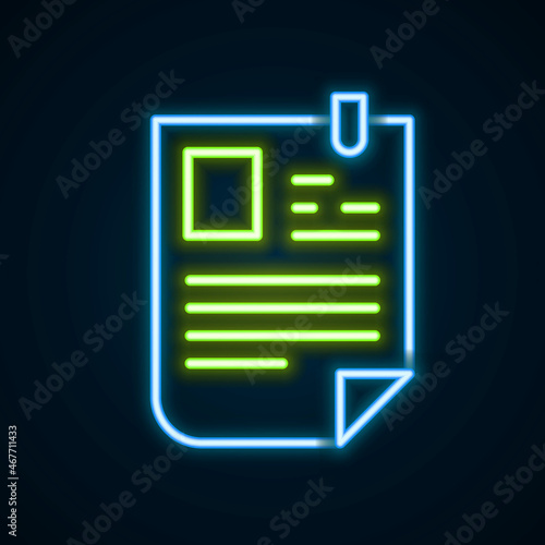 Glowing neon line Resume icon isolated on black background. CV application. Searching professional staff. Analyzing personnel resume. Colorful outline concept. Vector